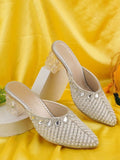 Women’s Embellished Mule Heels – Pearl Crystal Pointed Toe Party Slides