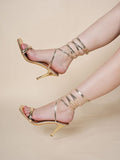 Women’s Gold Lace-Up Stiletto Sandals – Square Toe Gladiator Heels